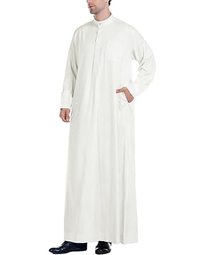 YAOHUOLE Button down Kaftan Muslim Long Gown Thobe Robe For Men White 2XL
