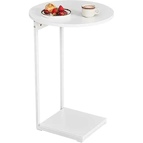 WOHOMO Side Table Living Room, Small End Table for Small Space, 25.6" C Shaped Tall Slide Under Couch Tables, Slim End Table with 15" Round Cute Look for Living Room, Bedroom, White Cover