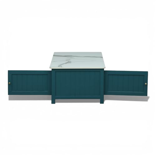 Image of Solid Wood Center Table Premium Sintered Stone Coffee Table for Living Room Wooden Centre Table Premium Acrylic Emerald Green Finish 110 x 60 x 40 cm
