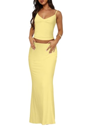 Two Piece Skirt Set for Women - Sexy 2 Pc Outfits Sleeveless Spaghetti Strap Pleated Tank Top Maxi Long Skirts Sets Yellow S
