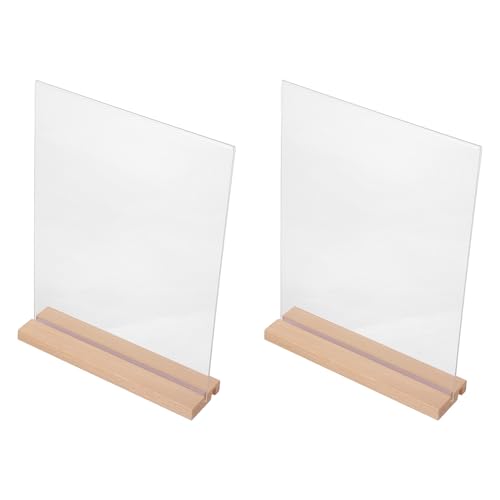 Uonlytech Lot de 2 Sets de Porte-affiches Acrylique Transparent Double Face de L et T avec Socle Bois en Hêtre, 21,6 X 27,9 Cm, Support Menu et Cadre Photo pour Table,