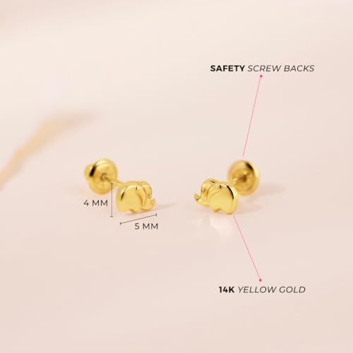 14k Yellow Gold Lucky Elephant Screw Back Earrings For Toddler & Little Girls - Safety Screw Back Locking Earrings for Children - Elegant & Cute Baby Elephant Stud Earrings4