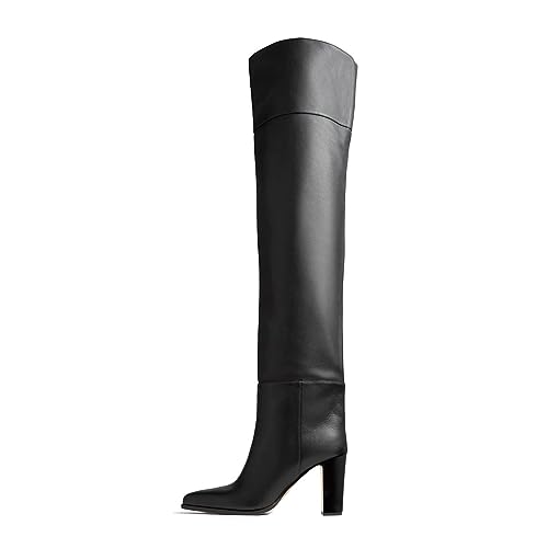 miss left Women Chic Thigh High Boots Closed Pointed Toe Chunky Block High Heel Over The Knee Stretchy Pull On Party Club Shoes Size 4-16 US2