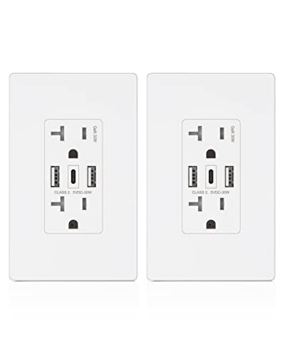Amerisense GaN 30W 6Amp 3-Port USB Wall Outlet, 20 Amp Tamper-Resistant Receptacle with 2 USB Type A & 1 Type C Port, USB Charger for iPhone/iPad/Samsung/LG/HTC, UL Listed - 2 Pack
