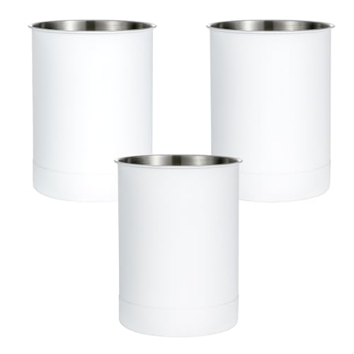 KSENDALO Stainless Steel Utensil Holder Set of 3 - 6.6* 5inch Round Kitchen Caddy, Crock, and Organizer for Cooking Spoons, Silverware, and Spatulas - Stylish Metal Container for Countertop, White