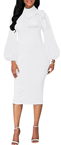 Image of Sexy Long Sleeve Dress for Women Solid Color Bow Knot Turtleneck Formal Gown Midi Casual Church Dresses