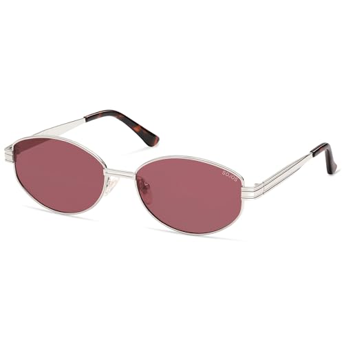 SOJOS Trendy Oval Polarized Sunglasses for Women Men, Retro Fashion Round Shades SJ1255, Silver/Red
