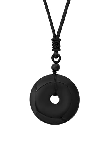 MINACHI Black Obsidian Geometric O Ring Circle Pendant Necklace with Braided Cord, Protective Amulet Jewelry Gift for Men and Women