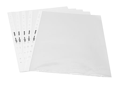 noti PLASTOREG - Prospekthüllen - Klarsichtfolien DIN A4 Premium glasklar transparent 100 Stück gelocht mit weißem Streifen extra stabil und Stark