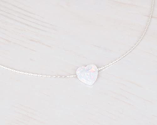 White Opal Heart On Sterling Silver 925 Choker Necklace - Designer Handmade Minimal Collar - Length: 13.5 Inch + 3 Inch Extender #TOP2