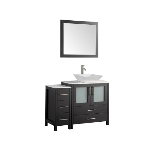 Vanity Art 42 Inch Vessel Single Sink Bathroom Vanity Cabinet with 1 Mirror, Engineered Marble Top Bathroom Cabinet Compact Set with 5 Dovetail Drawers and Soft Closing Doors, VA3130-42-E
