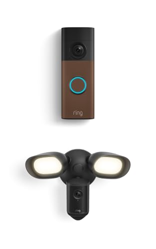 Image of Ring Battery Doorbell (newest model), Matte Mocha with Floodlight Cam Pro (newest model), Black