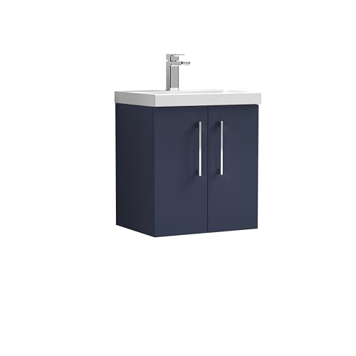 nuie ARN2921A Arno Modern Bathroom Wall Hung 2 Soft Close Door Vanity Unit and Mid-Edge Basin, 500mm, Midnight Blue