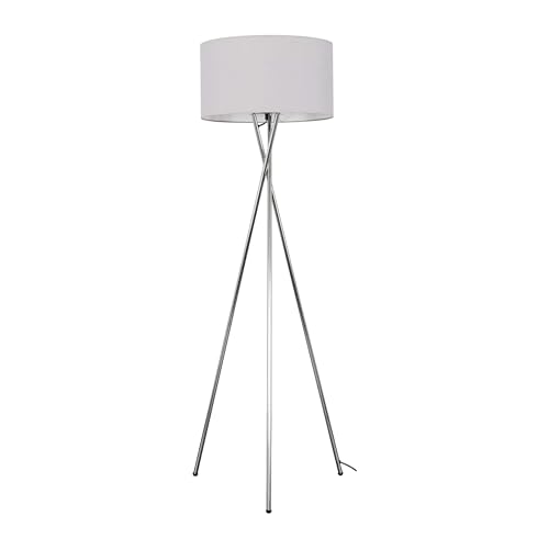 MiniSun | Modern Polished Chrome Metal Tripod Floor Lamp with a Pale Grey Shade | Home Décor, Bedside & Desk Lamp