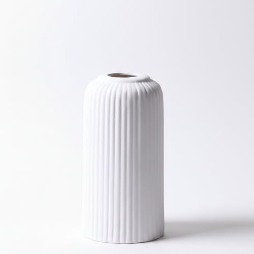 Image of KREATIVE ART'S Ribbed Pipe Ceramic Vase for Flowers, Pampas Grass | Decorative Home & Office Centerpiece Gift - No Flowers- (White, 6 Inch)