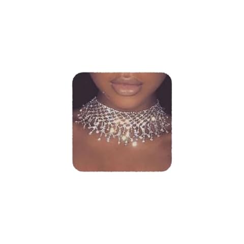 YERTTER Dainity Full Rhinestone Chunky Chain Silver Chain Collar Statement Tassel Crystal Choker Necklace Adjustable for Party Music Bar Women （Silver 1） Cover