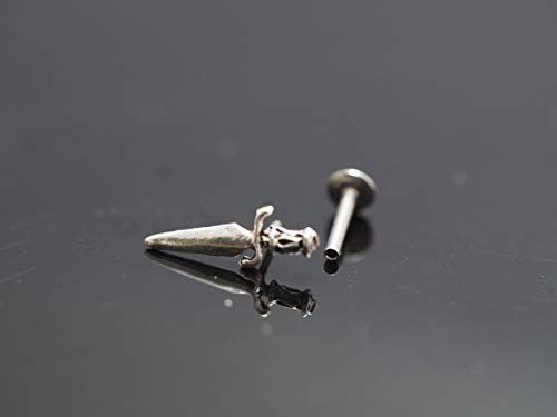 Sterling Silver Dagger - 16G Surgical Stainless Steel Labret Barbell, Push Pin Post , Flat Back ,Cartilage Earring, Piercing Jewelry (10 Millimeters) #TOP1