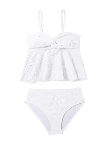 Image of OYOANGLE Girl's 2 Piece Tankini Swimsuit Textured Twist Front Ruched Ruffle Bikini Set Bathing Suits