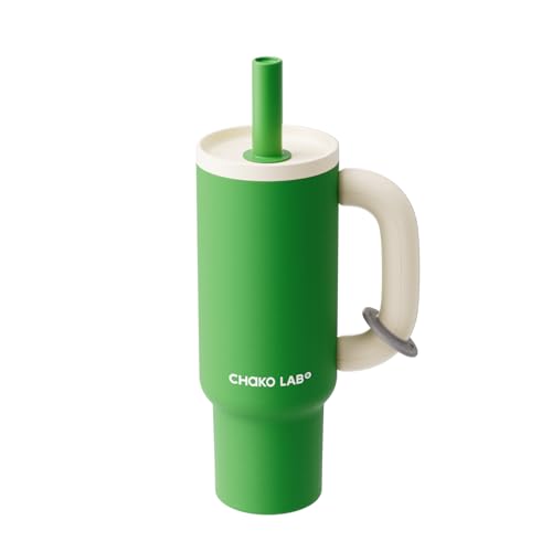 CHAKO LAB BaWang Insulated Stainless Steel Tumbler | Tumbler with Handle and Straw 33oz | Cup Holder Friendly for Travel | Leakproof Water Bottle | BPA-Free | Ceramic liner| Green＆White