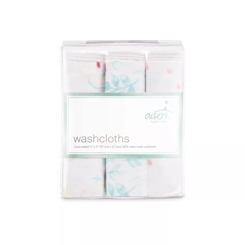 aden + anais Essentials Washcloth 3-Pack, Super Soft 100% Cotton Muslin, Gentle on Skin, 3 Absorbent 11x11 Layers, Softer with Every Use, Perfect for Babies, Infants, Toddlers, Full Bloom