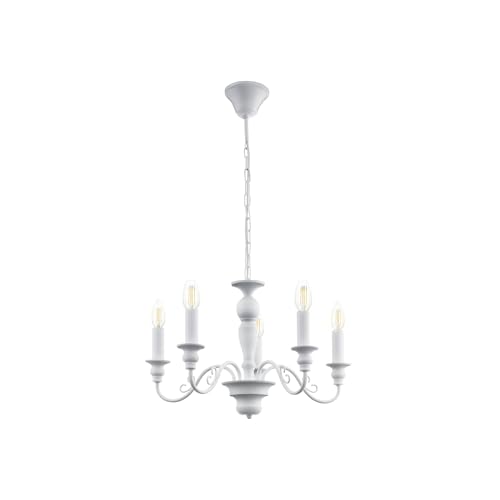 EGLO Pendelleuchte Caposile, 5 flammiger Kronleuchter Vintage, Landhausstil, Shabby Chic, Hängelampe aus Stahl in Weiß, Esstischlampe, Wohnzimmerlampe hängend mit E14 Fassung