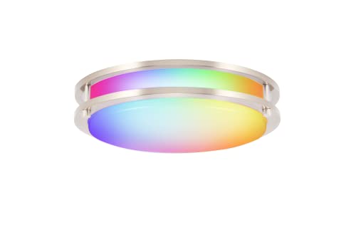 CLOUDY BAY 12 Inch LED Smart Flush Mount Ceiling Light,20W 2700K-6500K, 4W RGB Color Compatible with Alexa and Google Home Assistant, Nickel Satin