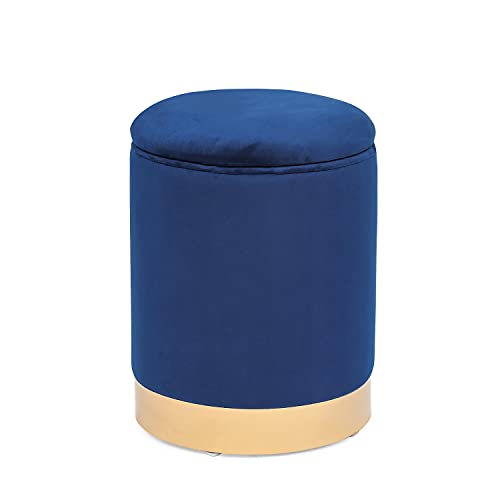 Decent Home Round Storage Ottoman Upholstered Velvet Vanity Ottoman Stool with Gold Trim Small Modern Ottoman Footrest for Living Room Bedroom(Blue,Storage,12