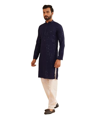 Image of SOJANYA Men's Cotton Kurta Pyjama Set | Sequinned Embroidered Traditional Outfit for Navratri, Garba & Puja