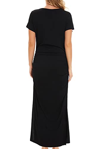 Smallshow Women'S Split Long Maternity Dress Short Sleeve Ruched Pregnancy Clothes Medium Black thumb #3