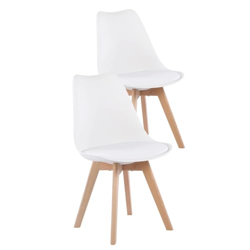 BM Home 2 Chaises Tulipes Salle à Manger Scandinaves, Style Nordic, Pieds en Bois de Hêtre Massif, Cuir Synthétique, Blanches