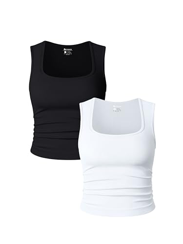 OQQ Womens 2 Piece Crop Tops Rueched Sleeveless Square Neck Stretch Basic Tank Shirts