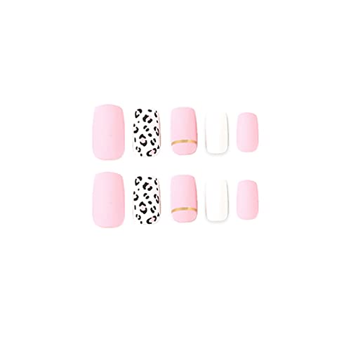 Pink Press On Nails Square Fake Nails Full Cover Acrylic Nails Leopard Print False Nails With Frosted Design Medium Length Artificial Nails Glossy Glue On Nails Stick On Nails For Women 24Pcs #TOP1