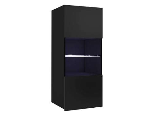 Hängevitrine Calabrini BR05, Grifflose Öffnen Farbauswahl Stauraumvitrine Vitrinenschrank Hochschrank, Wohnzimmer Highboard, Schrank Vitrine (Schwarz/Schwarz Hochglanz, mit Blauer LED Beleuchtung) Hängevitrine Calabrini BR05, Grifflose Öffnen Farbauswahl Stauraumvitrine Vitrinenschrank Hochschrank, Wohnzimmer Highboard, Schrank Vitrine (Schwarz/Schwarz Hochglanz, mit Blauer LED Beleuchtung)
