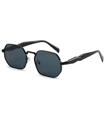 Image of HUVORA Retro Hexagonal Designer UV Protected Unisex Oval Sunglasses for Men Women | Stylish UV400 Protection Metal Frame Branded Geometric Goggles for Driving Fashion Party Sqaure Shades