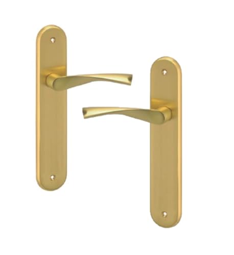 Juego de MANIVELAS puerta con placa larga modelo MAR - acabado latón mate – material aluminio - medida de la placa 238 mm de alto x 44 mm de ancho y manilla de 120 mm de longitud