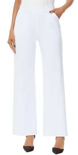 Womens Wide Straight Leg Pull-On Trousers Casual Slacks Dress Pants with Pockets