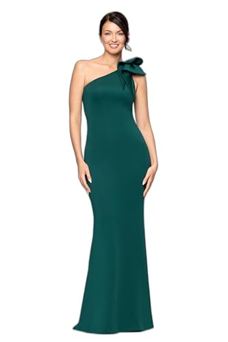 Image of Betsy & Adam Women's Long Halter Scuba Crepe Tiered Ruffle Slit Gown