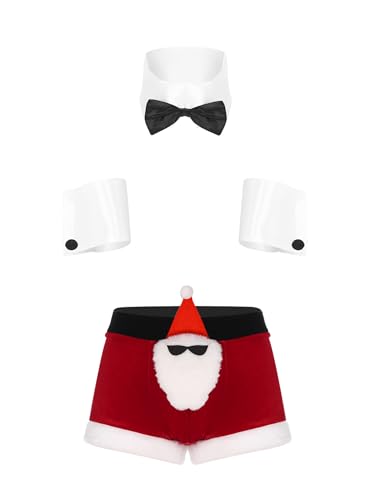 inhzoy Herren Weihnachten Boxershorts Fliege Hosenträger Set Weihnachtsmann Santa Kostüm Männer Weihnachtskostüm Cosplay Nachtwäsche B_Rot M