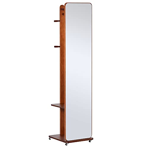 HOMCOM Specchio da Terra con Appendiabiti, Mensole e Ruote, Sistema Antiribaltamento, MDF e Legno, 40x44.5x170cm, Color Ciliegia