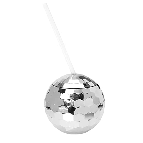 Disco Flash Ball Cocktail Cup, 600ML Disco Ball Mug with Lid Straw, Novelty Plastic Wine Cocktail Juices Tea Bottle for Nightclub Party Theme Parties Travelling Bar (Silver)