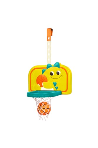 Image of B. toys Hanging Basketball Net, Adjustable Dino Hoop, Dinosaur Dribble | Door-hanging basketball net with mini ball, air pump, foldable hoop, and height extenders for indoor active play, 3+ Years
