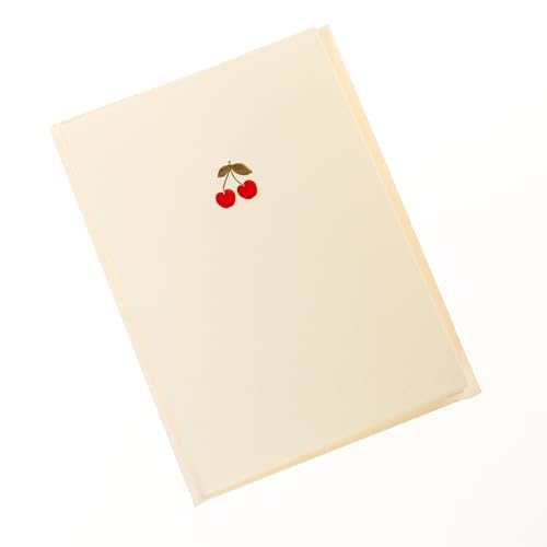Image of Graphique Cherries Cards, Pack of 10 Cards with Envelopes, All Occasion Greetings, Blank Inside, Gold Foil Embossing, La Petite Press Collection Boxed Set, 3.25 inch x 4.75 inch