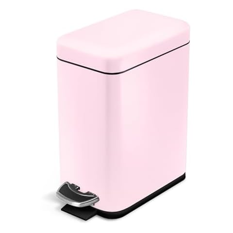 Home Zone Living 1.3 Gallon Bathroom Trash Can with a Lid, Stainless Steel Wastebasket with Slim Shape and Step Pedal for Home and Office, 5 Liter Capacity, Pink Cover