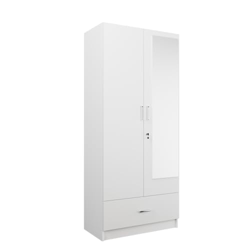 Image of VIKI Wardrobe | Wooden Almirah for 2 Door Wardrobe with 1 Drawer & Hanging Space with Mirror (Frosty White - 40D x 80W x 180.8H) | 1 Year Warranty | Free Assembly