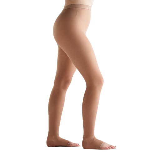 Image of EvoNation Women's Sheer Compression Support Pantyhose 20-30 mmHg Open Toe | Sheer nylon-spandex fabric with double-plush waistband, wide toe box, reinforced heel and open toe for all-day comfort