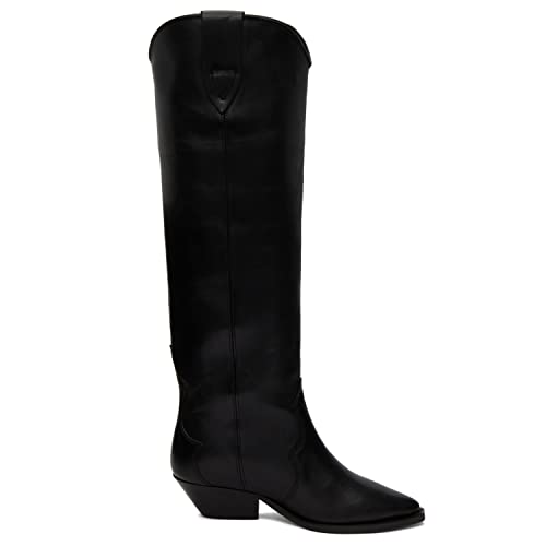 MOOMMO Women Suede Cowboy Knee High Boots Slouch Low Thick Heel Pointed Toe Long Western Boots Wide Calf Pull On Tall Riding Boots Cowgirl Pleated Chunky Heel Dress Boots Casual 4-11 M US2