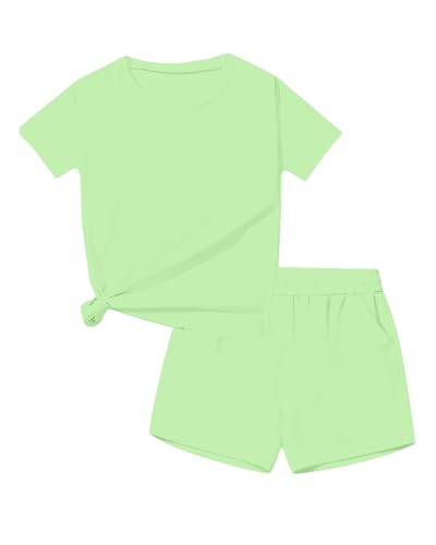 Image of Bestuline Girls Summer 2 Piece Outfits,Basic Short Sleeve Top & Shorts Set with Side Pockets,4-14Y