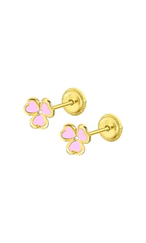 TIME ROAD Pendientes Bebé Niña de Oro 9K LG00315 - Cierre Seguro de Rosca - Pendientes de Trébol - Infantil 3, 6, 12 a 24 meses - Ideal como Regalo de Nacimiento, Bautizo o Cumpleaños