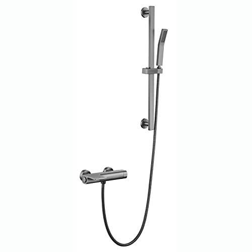 SXLSZ Badewannenarmatur Wasserfall Wannenarmatur Wandhalterung Wannenbatterie Messing Badewanne Wasserhahn Einzelgriff Badewanne Armatur mit Handbrause, Hebestange,Grau Cover