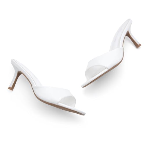 Image of Shoe Land Women's Low Heels Stiletto Heeled Slides, Open Toe One Band Slip-On Heeled Mules - Dressy Heeled Sandals for Prom, Party Wedding and Vacation